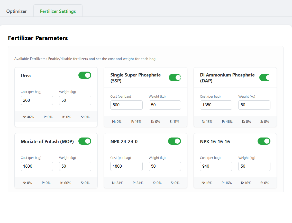 Example of a fertilizer card with toggle switch, cost, and weight inputs
